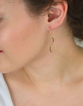 Złote kolczyki damskie próby 375 – model KL 6533 375. Wiszące, przeciągane przez ucho, długość 7 cm. Delikatny skręcony łańcuszek. Elegancka lekkość i ponadczasowy styl! (1).JPG